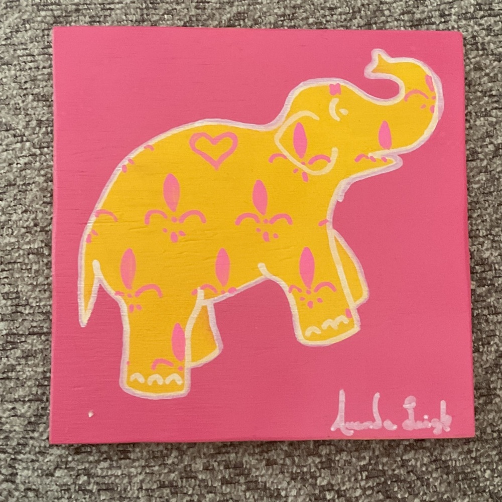 Pink and Yellow Elephant Signed Wood Art Tile